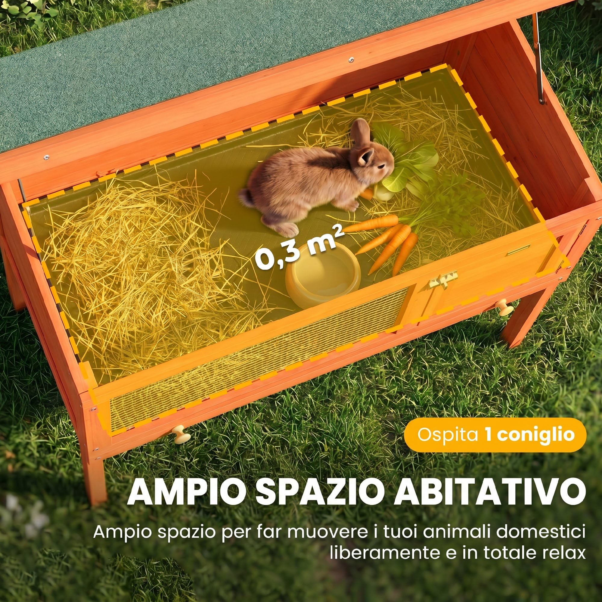 PawHut Conigliera da Esterno in Legno di Pino, Gabbia Casetta per Conigli con Vassoio Estraibile, Tetto Apribile in Bitume, Fondo Rialzato, Porcellini d'India, Cincillà, Arancione