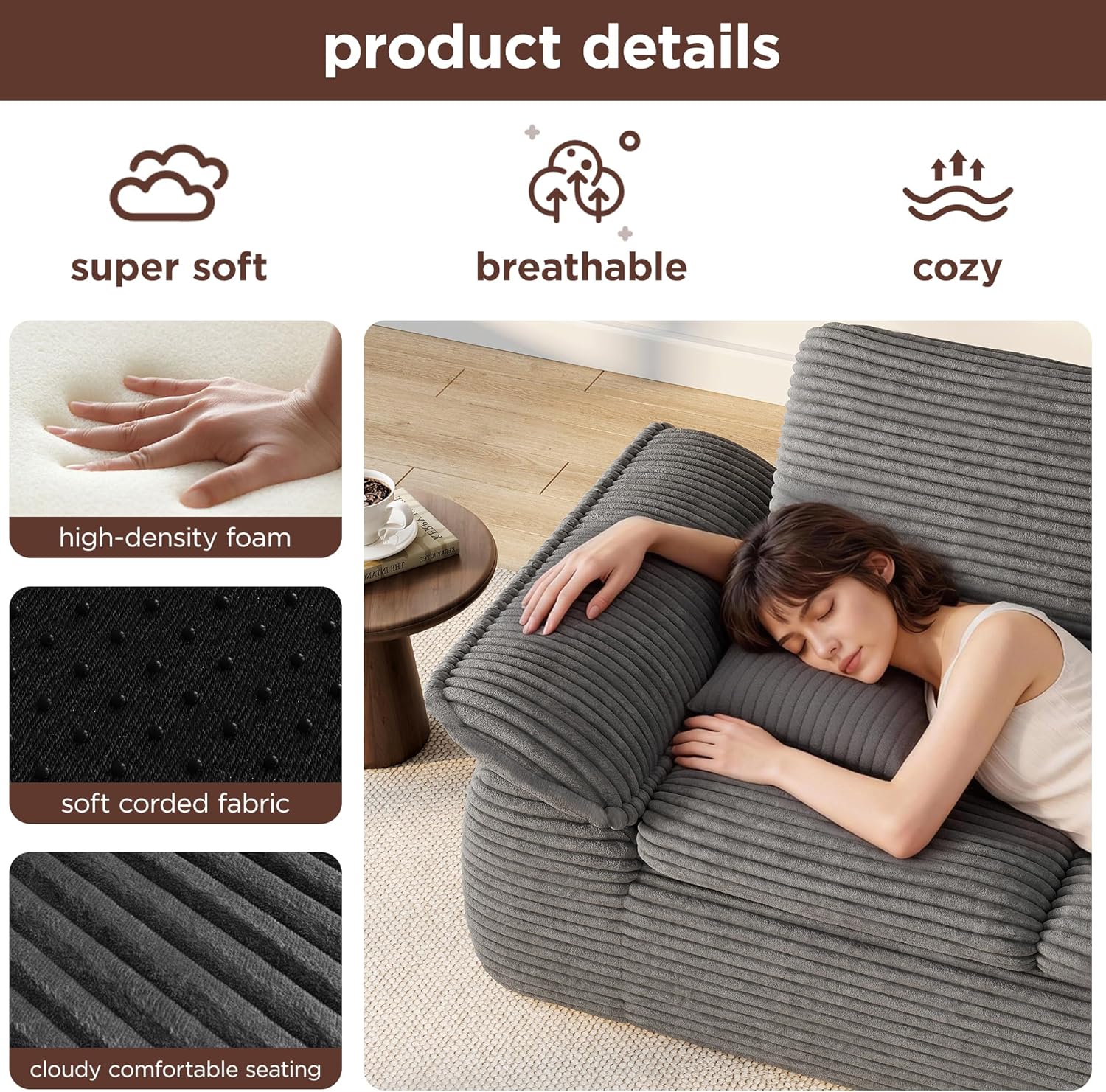 71" Cloud Boneless Couch, Loveseat Sofa with Deep Seat Memory Foam, Small 2 Seater Corduroy Couch in A Box, No Assembly Compressed Sofa for Living Room, Bedroom, Apartment, Dark Grey