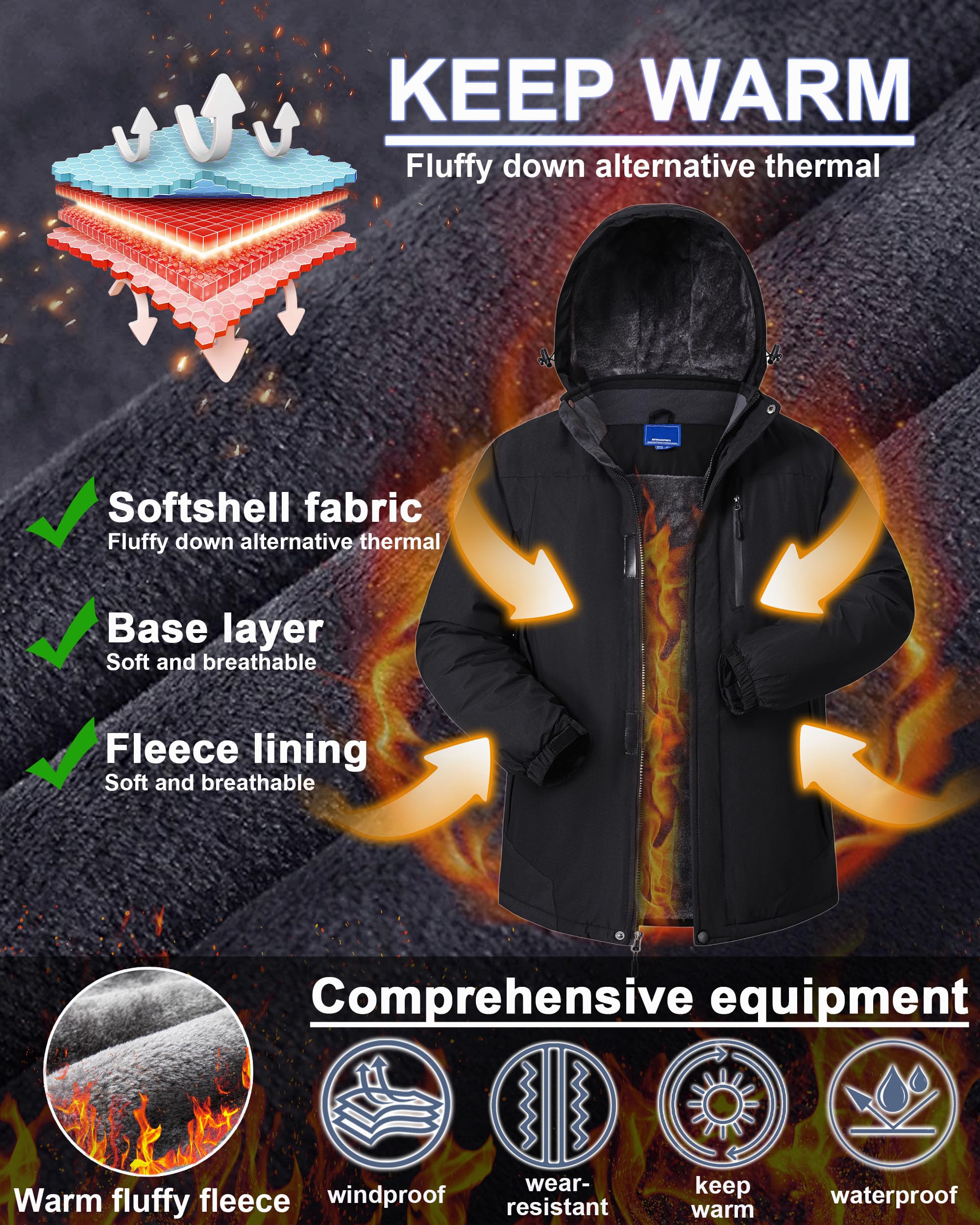 Winter Jackets Mens Skiing Coats Warm Waterproof Ski Snow Coat with Hooded for Cold Weather