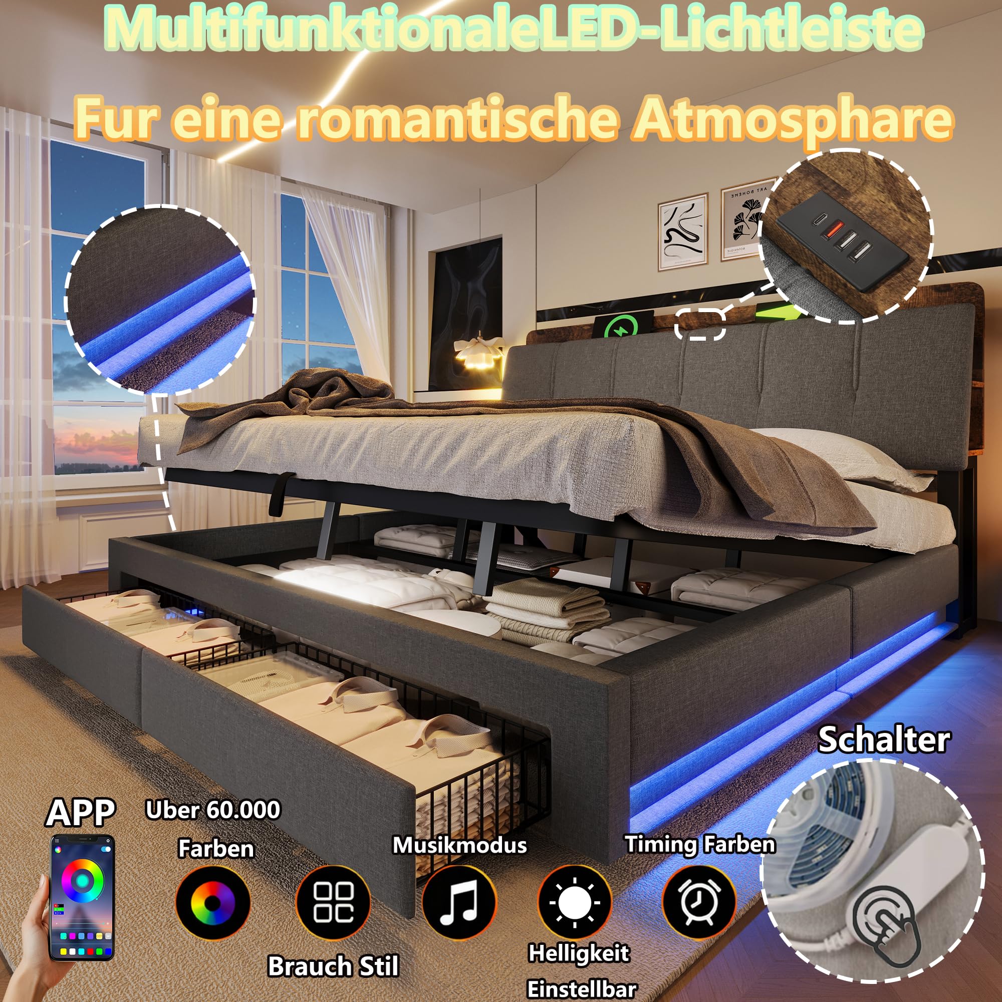 Polsterbett 180x200 cm mit LED-Beleuchtung und USB Typ-C Ladefunktion, Stauraumbett mit Hydrauliksystem, Doppelbett mit 2 Schubladen, Leinen, Grau(Ohne Matratze)