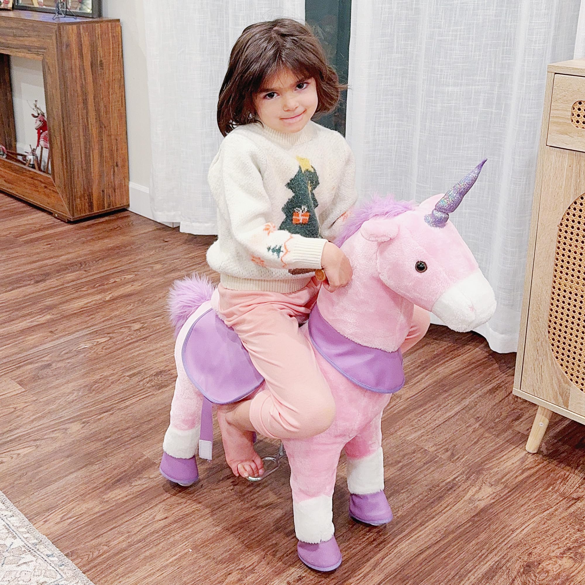 HOMCOM Cavallo a Dondolo con Ruote per Bambini 3-6 Anni 70x32x87cm Rosa | Giocattolo da Equitazione a Forma di Unicorno, Gioco Cavalcabile