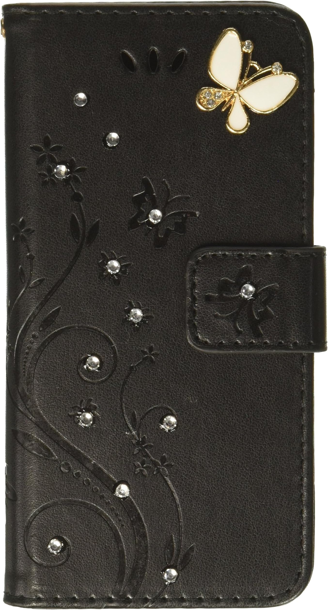 Auroralove 023 Luxury Handmade Bling Rhinestone Soft Slim Flip Stand Wallet iPhone 6/6s 4.7 Flower Butterfly PU Leather Case for Girls Women-Black