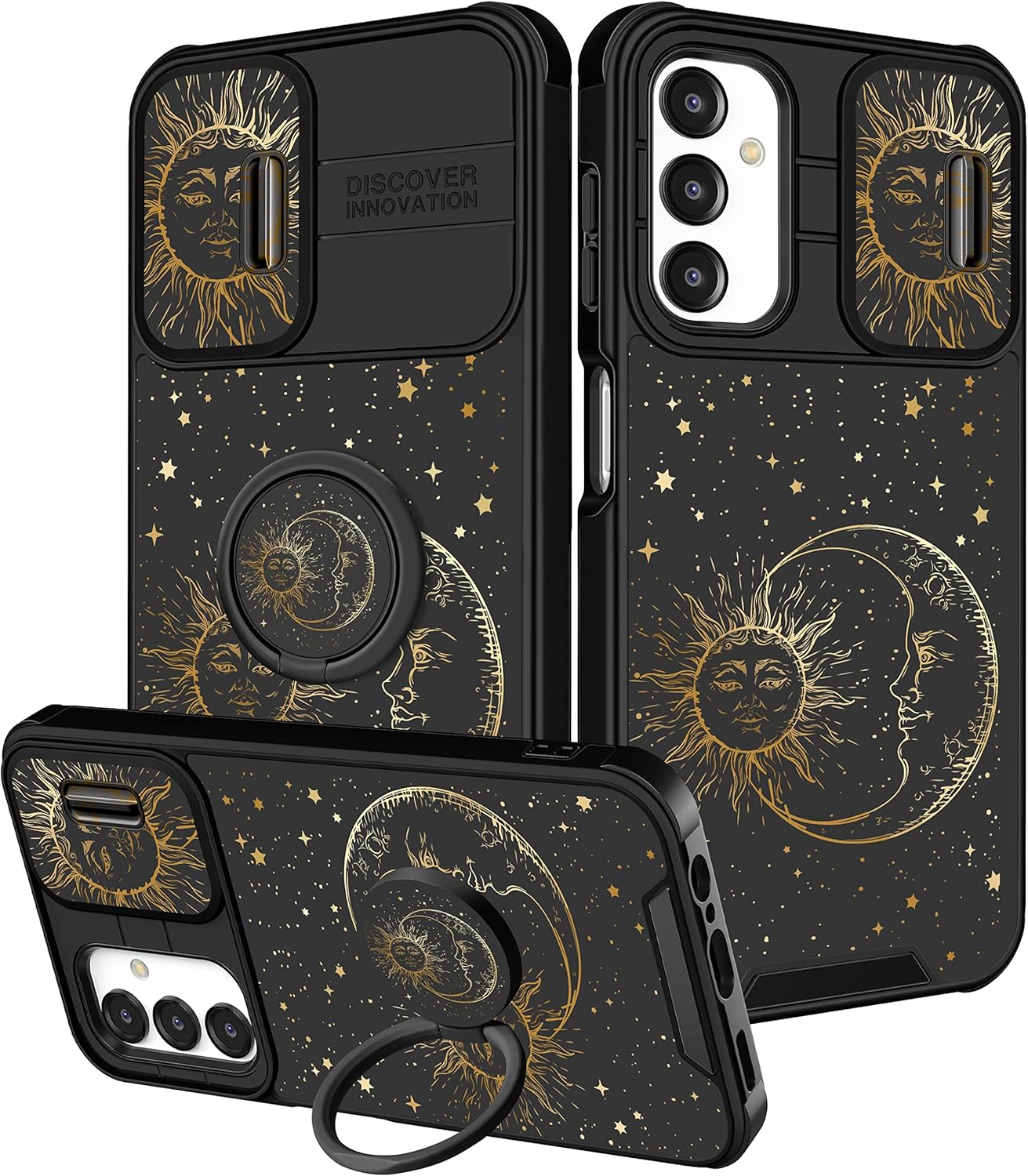 Pegmode (2in1 for Samsung Galaxy A14 5G Case for Women Sun and Moon Cute Stars Girls Cases Star with Camera Cover+Ring Holder Fashion Golden Space Design Phone Cover for Samsung A14 5G 2023 6.6”