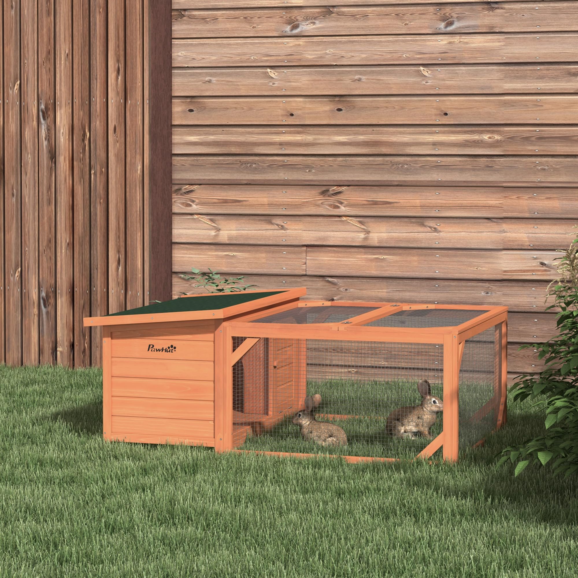 PawHut Conigliera da Esterno e Interno in Legno con Casetta per Conigli e Area Aperta Recintata, 125.5x100x49cm, Arancione