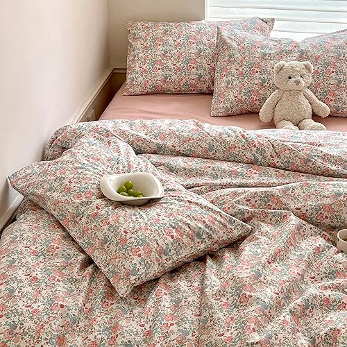 Miniatura 3 de VClife Juego de funda de edredón de algodón tamaño Queen, bonito juego de ropa de cama floral desgastada, cierre de cremallera y lazos en las