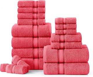 100% Mercerized Cotton Luxury Bathroom Towel Set - 18 Pcs - Super Soft, Fluffy & Highly Absorbent - 6 Bath Towels, 6 Washcloths, 6 Hand Towels - Pre Shrunk, Pet Friendly - Honeysuckle