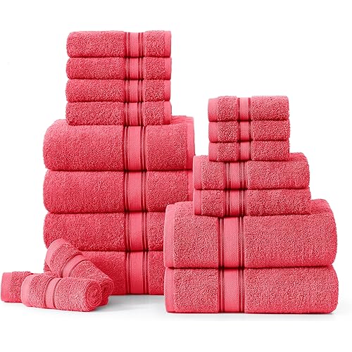 LANE LINEN 100% Mercerized Cotton Luxury Bathroom Towel Set - 18 Pcs - Super Soft, Fluffy & Highly Absorbent - 6 Bath Towels, 6 Washcloths, 6 Hand Towels - Pre Shrunk, Pet Friendly - Honeysuckle