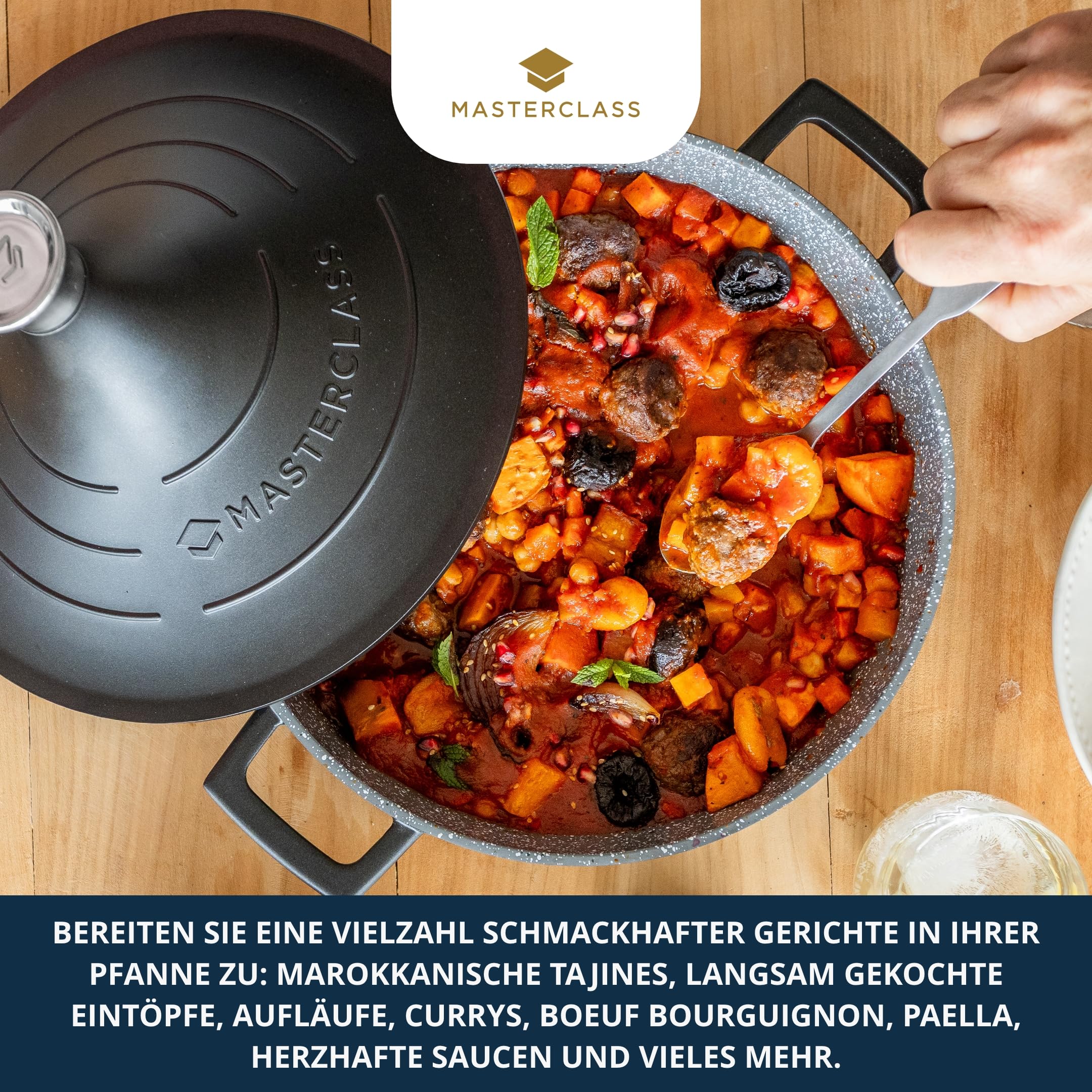 MasterClass Tajine-Form aus Aluminiumguss mit selbstbindendem Kegeldeckel, 4 l, Antihaftbeschichtung, rund, Induktion, Herd, Kochgeschirr, spülmaschinenfest, ofenfest, 28 cm, Schwarz