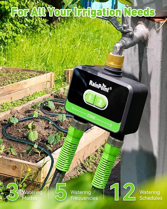 RainPoint WiFi Water Timer for Garden Hose with Brass Inlet, 2-Zone Smart Sprinkler Hose Timer, WiFi Irrigation Controller, Automatic Watering System for Lawns and Yard