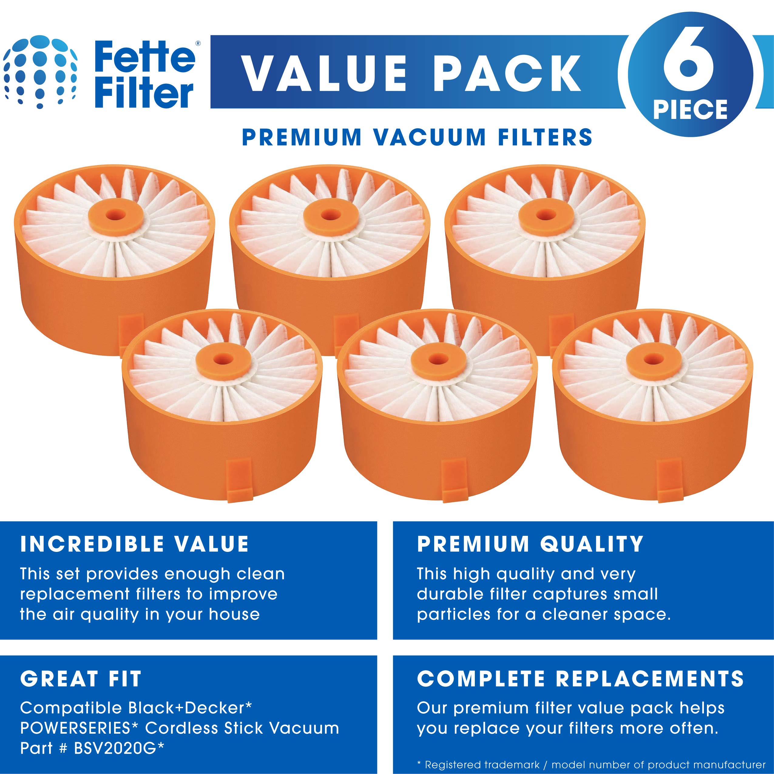 Fette Filter - Vacuum Replacement Filter Compatible with Black+Decker POWERSERIES Extreme Cordless Stick Vacuum. Models # BSV2020 (Pack of 6)