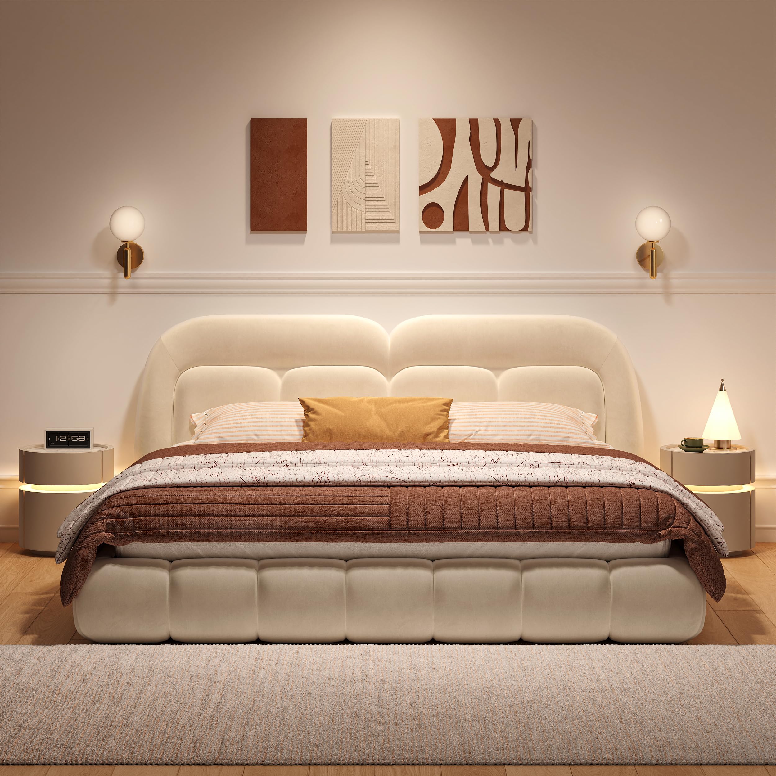 Homary Nachttisch mit Ladefunktion, Smart Nachtschrank mit 2 Schubladen, Sattelleder & Sinterstein, 40x40x52cm, Moderner Beistelltisch mit LED-Beleuchtung für Schlafzimmer, Rundes Design