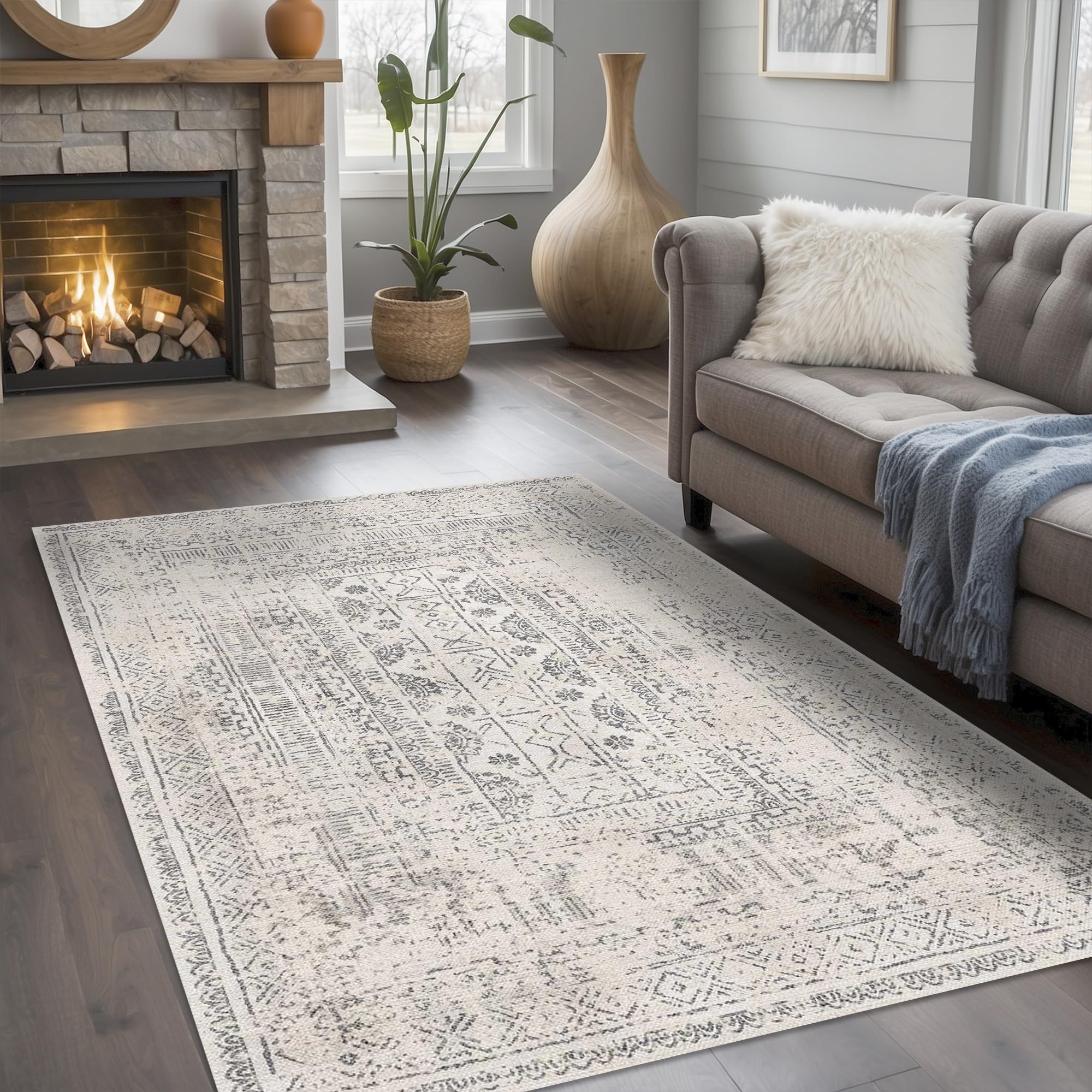 Latte Dizayn Duncan Vintage Desenli Şönil Pamuk Tabanlı Yıkanabilir Kaymaz Antibakteriyel Salon Halısı 200x250