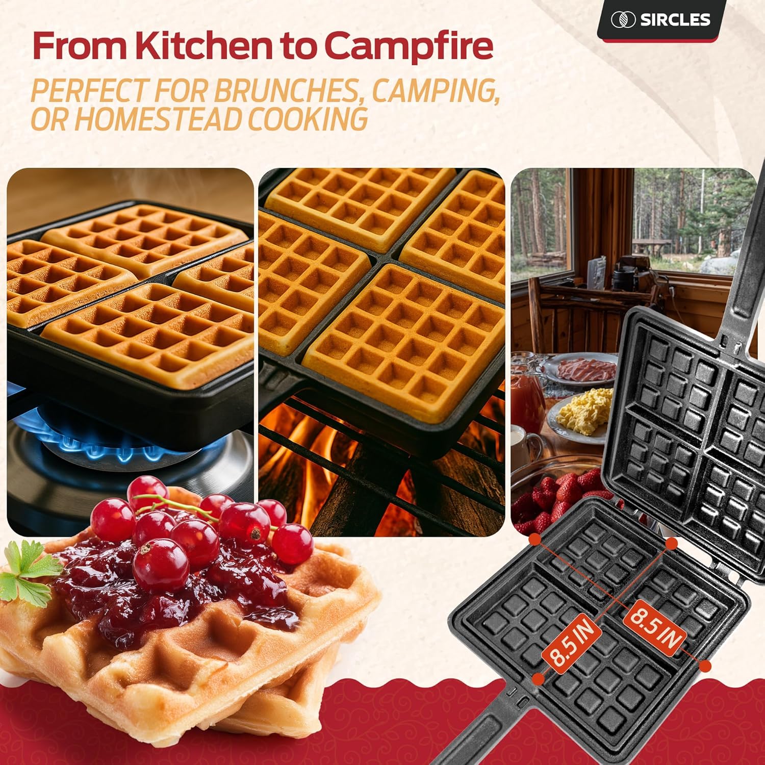 Sircles Cast Iron Waffle Maker - Makes 4 Square Belgian Waffles - Non Electric - Heavy Duty - Belgian Waffle Maker - 8.5 inch Square Waffles - E-book recipes