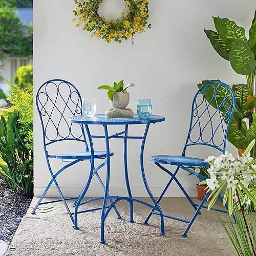 Miniatura 6 de Glitzhome Sillas plegables bistró de 36.5 pulgadas de alto, con marco de metal azul y patrón de azulejos de cerámica, sillas de jardín y patio,