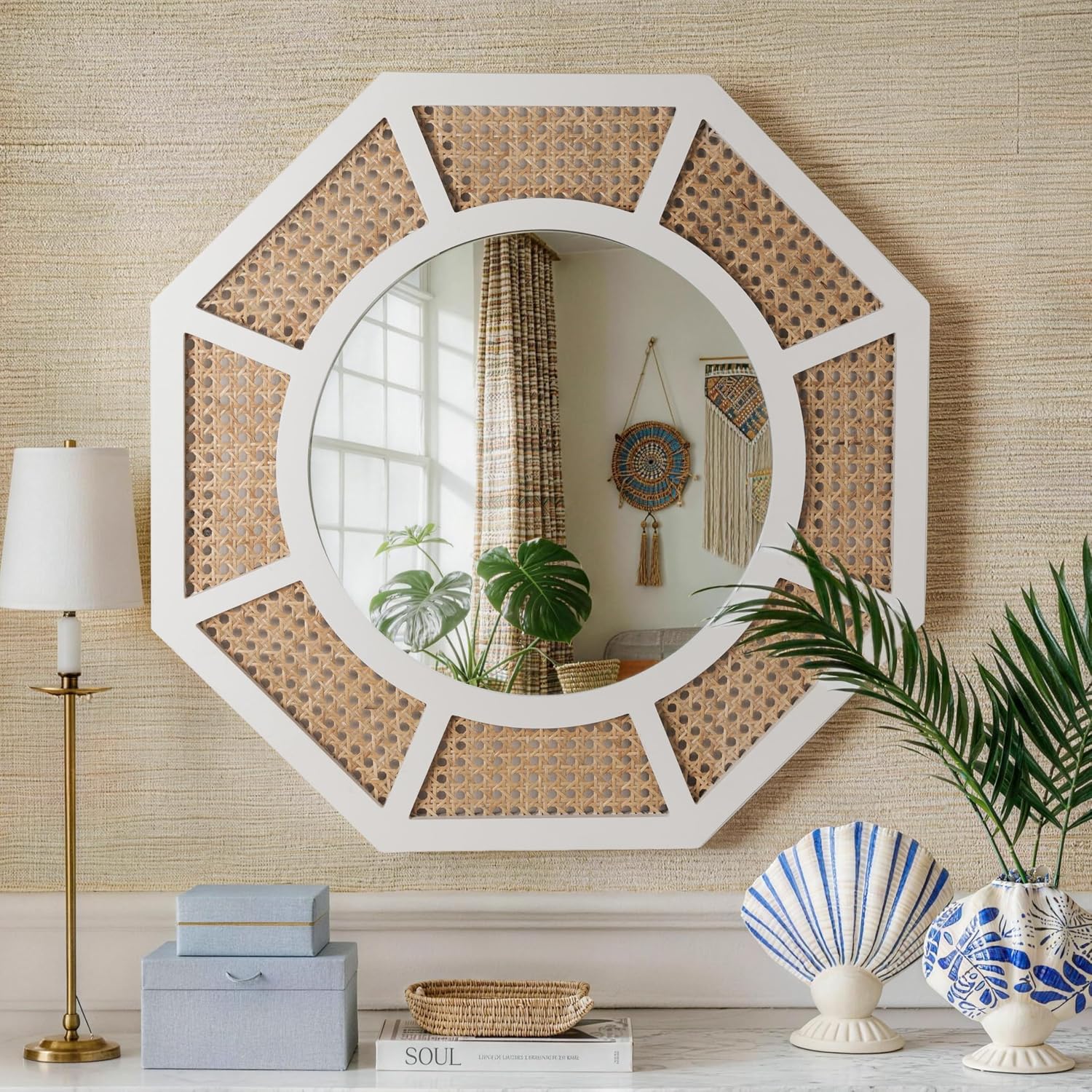 Octagon rattan wall mirror with a woven cane lattice frame
