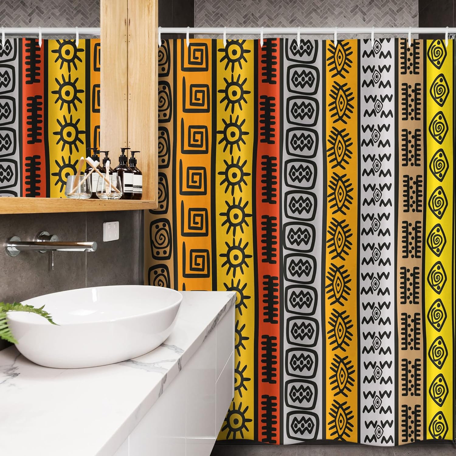Ambesonne Tribal Stall Shower Curtain, Motifs with Hand Drawn Style Borders Pattern Art, Fabric Bathroom Decor Set with Hooks, 54" W x 78" L, Black Orange and Yellow
