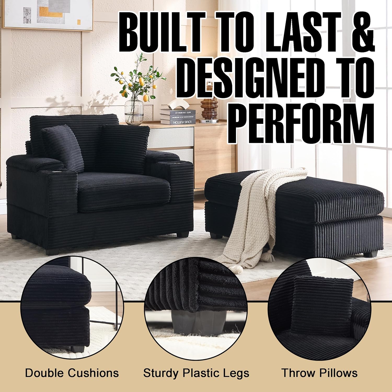 50''Oversized Chaise Lounge with Ottoman and Storage, Comfy Corduroy Sleeper Chair,Cup Holder, Deep Seat Upholstered Reading Chair, Living Room, Bedroom (Black, Single Person)