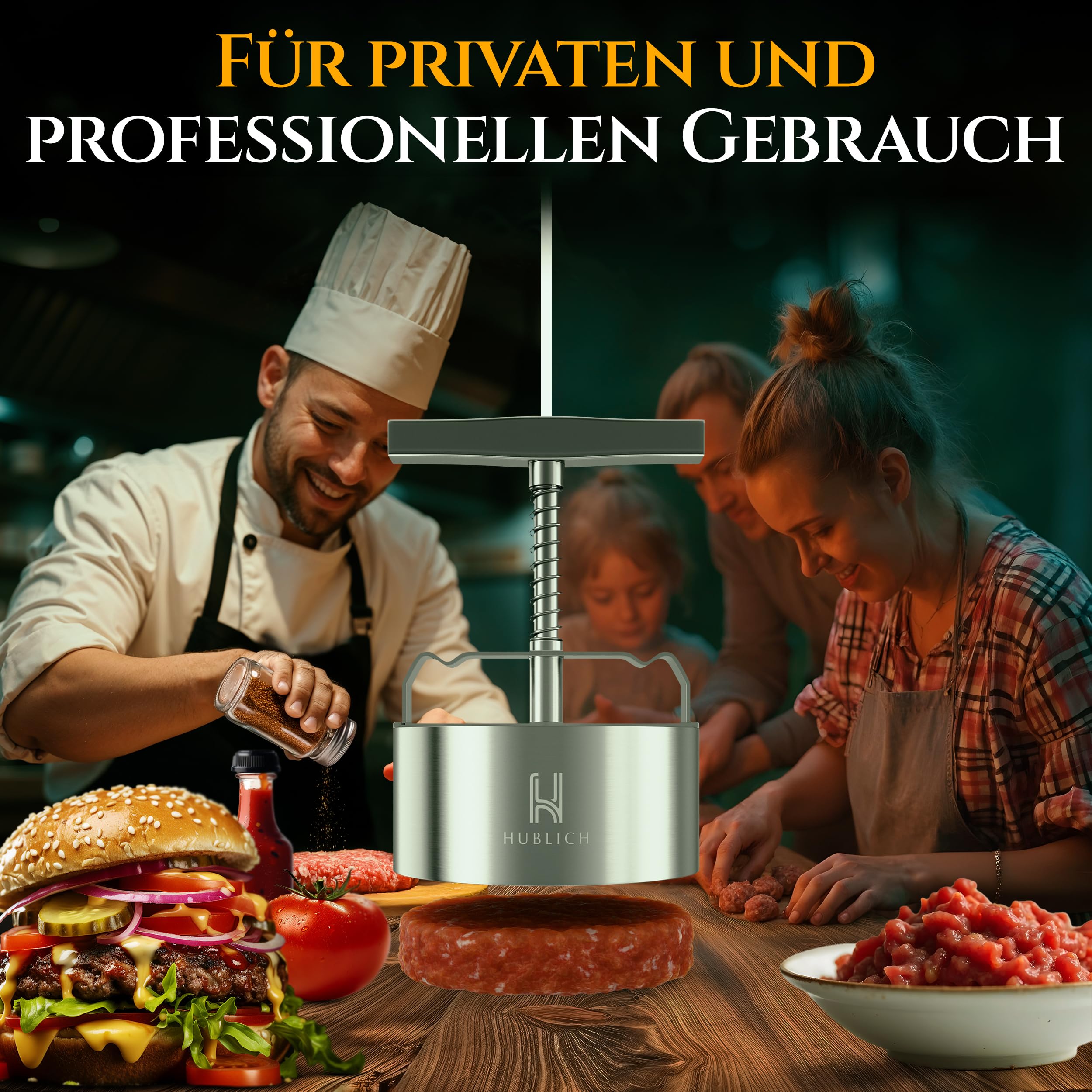 Hochwertige Burgerpresse aus Edelstahl – Hamburgerpresse – Ideales Grill Zubehör für perfekte Hackfleisch Patties mit 100-400g – Patty Maker für saftige Hamburger