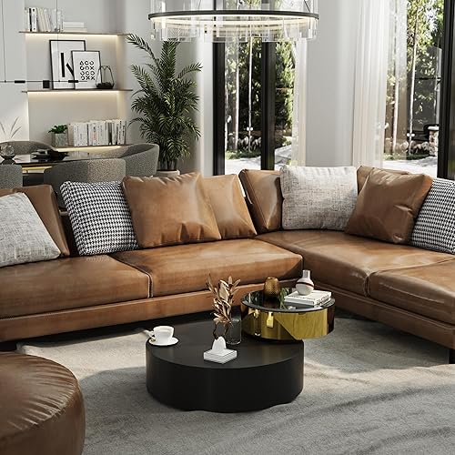 Miniatura 7 de Mesa de centro redonda giratoria de 41 pulgadas con mesa giratoria de 360° y diseño de 2 niveles, decoración de metal negro mate y dorado, mesa Mate