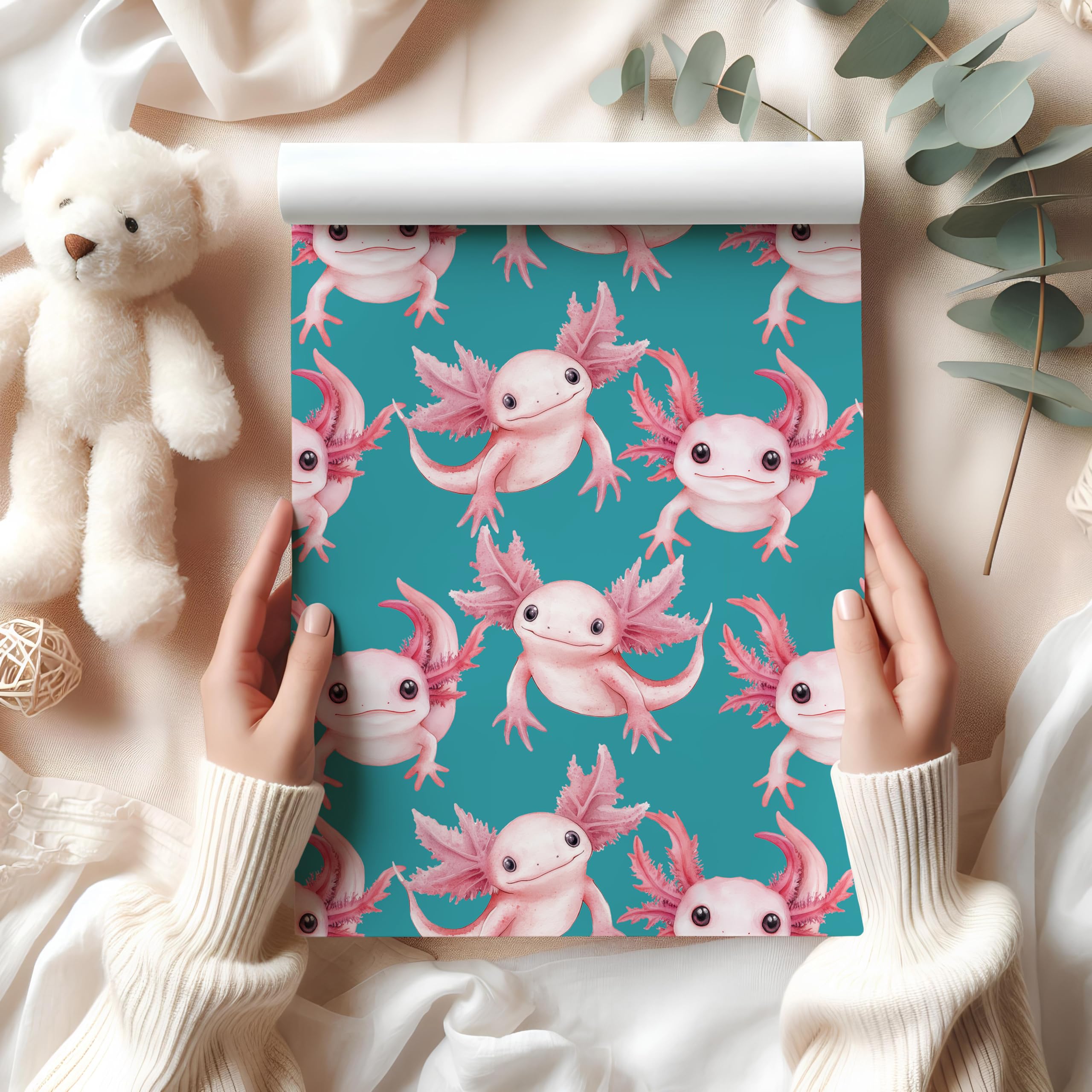 Axolotl Wrapping Paper Sheet – Cute Amphibian Gift Wrap for Birthdays, Kids Presents, or Quirky Animal Lovers – W82 (Teal, Large Sheet - 58 x 85cm / 22.8" x 33.4" inches)
