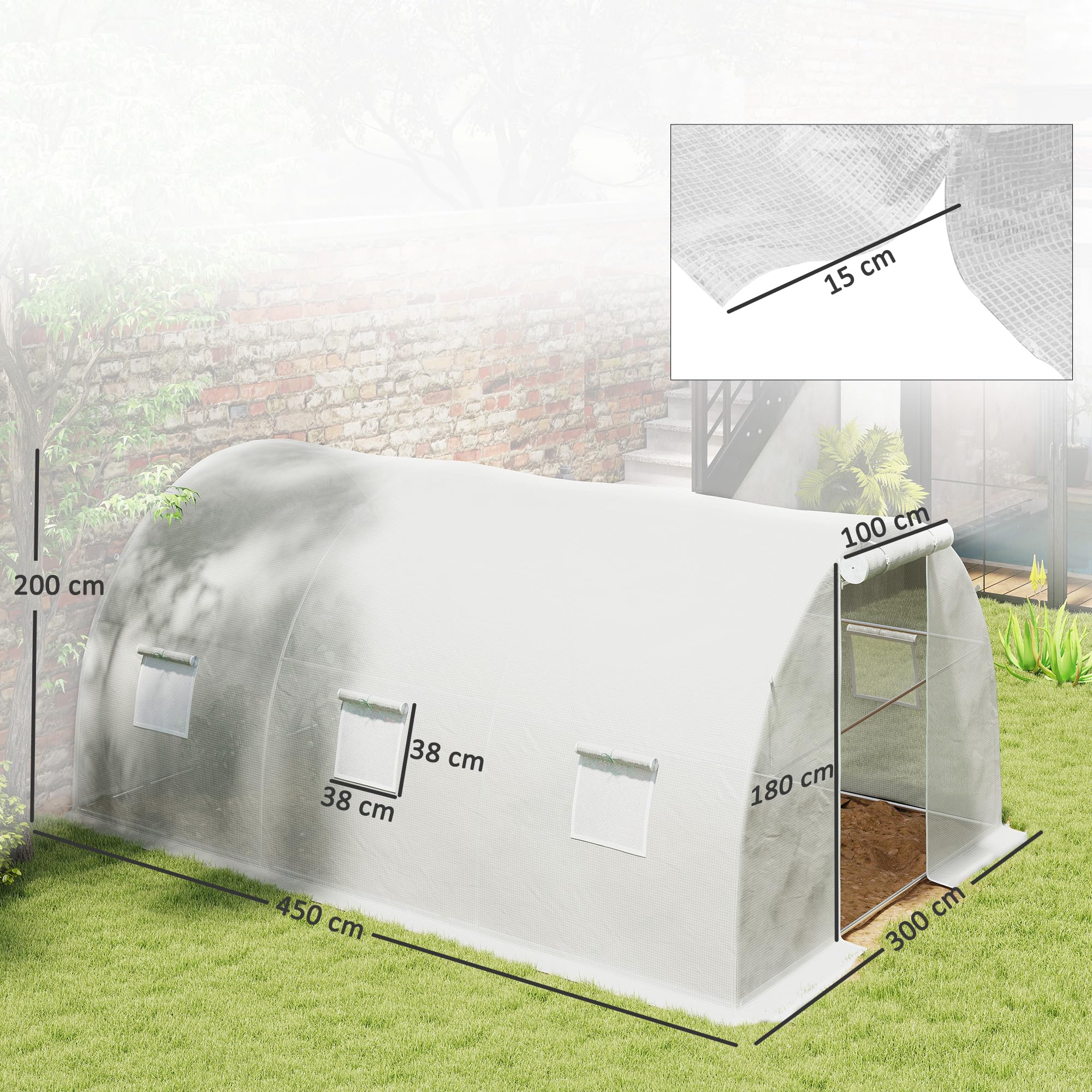 Outsunny Serre de Jardin Tunnel 13,5 m² 4,5L x 3l x 2H m - 6 fenêtres, Porte zippée Enroulable - châssis Tubulaire Acier galvanisé, bâche PE Haute densité Blanc