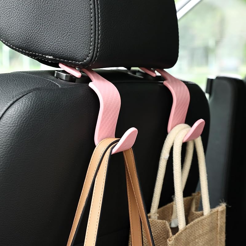 Paquete de 4 ganchos para asiento de automóvil - Gancho para reposacabezas resistente de 55 lb, rosa | Ajuste universal para la mayoría de los autos SUV, colgar bolsos, abrigos, paraguas, bolsas de supermercado, plástico ABS, fácil instalación.