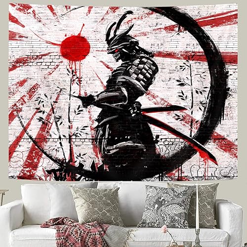 Miniatura 6 de iTapnoom Tapiz decorativo de arte samurái japonés para colgar en la pared para dormitorio, póster de anime rojo y negro con sol y luna para hombres,
