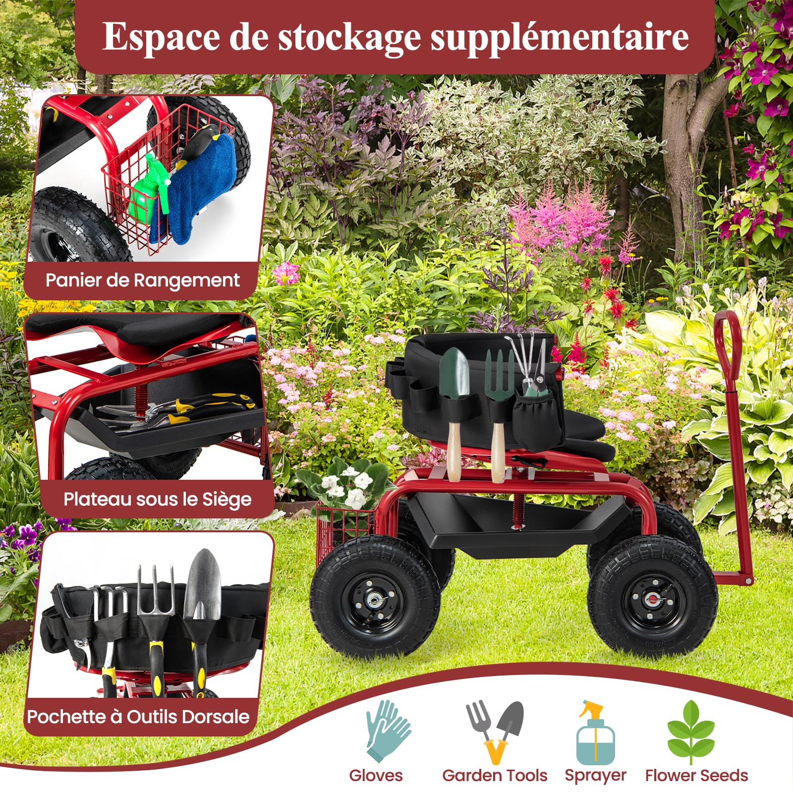 RELAX4LIFE Chariot de Jardin avec 4 roulettes Siège Pivotant 360° Hauteur Réglable Poignée Extensible Panier de Rangement, Chariot de Outil pour Garage Pelouse Cour Charge 135 kg Rouge