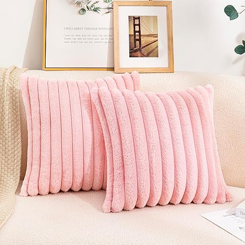 Uhomy Juego de 2 fundas de almohada decorativas para el hogar, de piel sintética, lujosas, súper suaves, con diseño a rayas, para sofá, sillón,