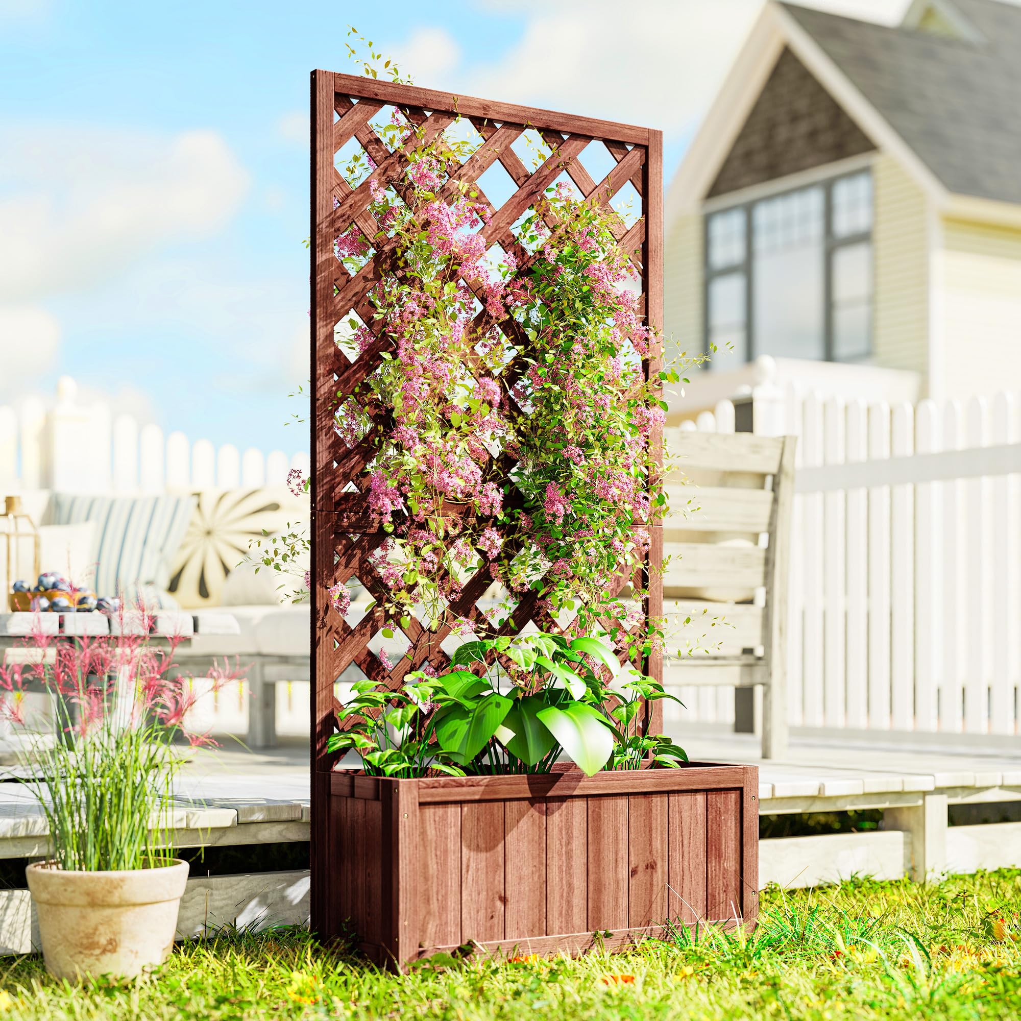 Outsunny Jardinière d'Extérieur avec Épaulière à Grille pour Plantes Grimpantes et Vase, Jardinière en Bois de Sapin Durable, 72,5 x 31,5 x 149,5 cm, Orange