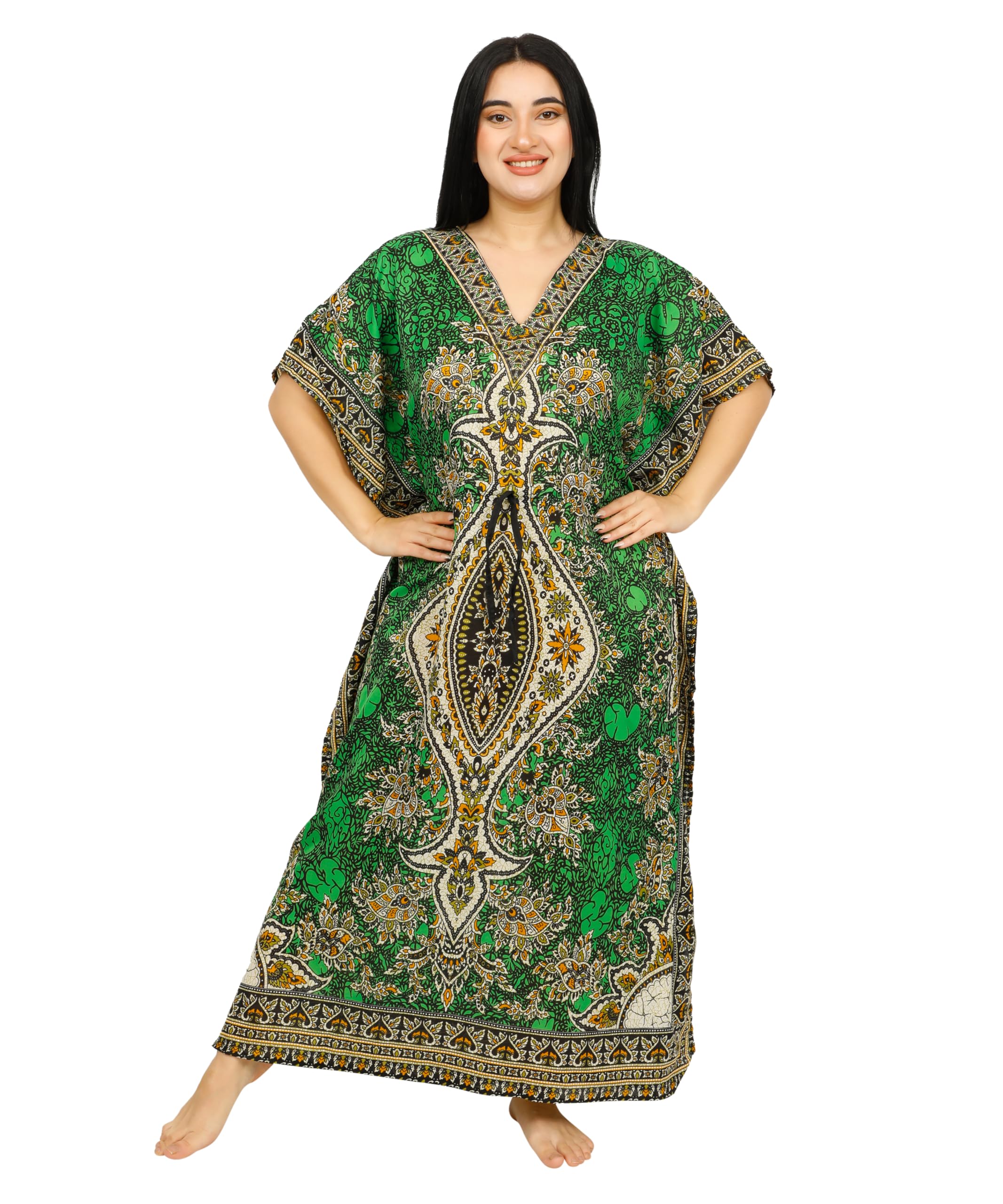 Women Kaftan Tunic Kimono Long Maxi Party Dress for Loungewear Holidays Nightwear Beach Cover Up Caftans Free Size (Green)