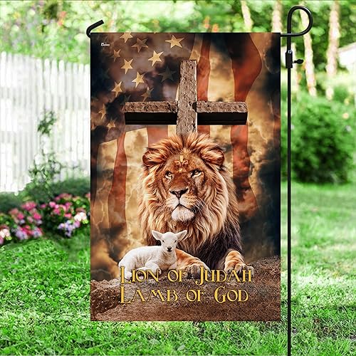 Miniatura 5 de Bandera estadounidense con cruz "Judah Lamb Of God" v1, de 11.5 x 17.5 pulgadas para jardín, banderas de Estados Unidos de poliéster prémium,