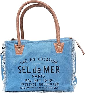 Shy Shy Bags Sel De Mer Upcycled Canvas Hand Bag Upcycled Canvas & Cowhide Tote Bag Radiant Upcycled Leather Bag (Blue)