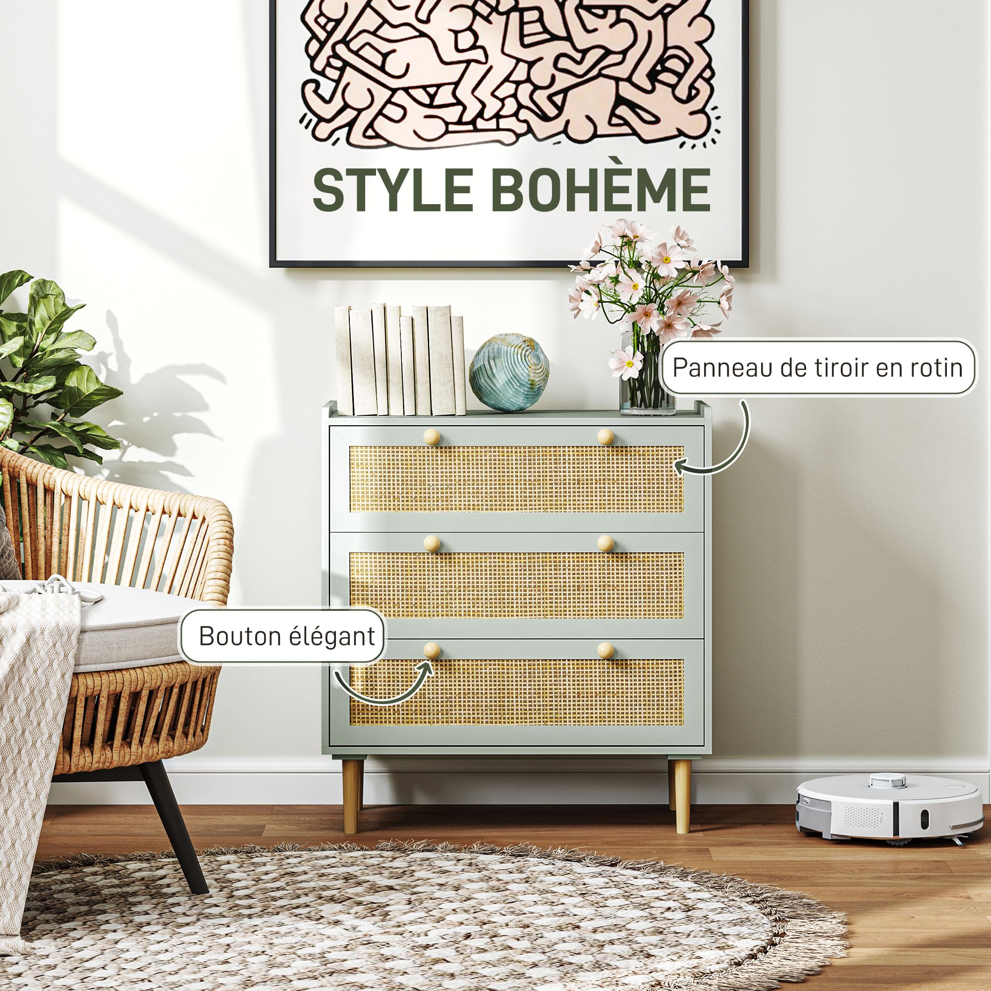 HOMCOM Commode 3 Tiroirs Rangement Bohème 80 x 40 x 87,5 cm Vert Olive | Commode Chambre, Meuble de Rangement, Effet Rotin Naturel, Cadre en Bois, pour Chambre à Coucher, Salon, Entrée