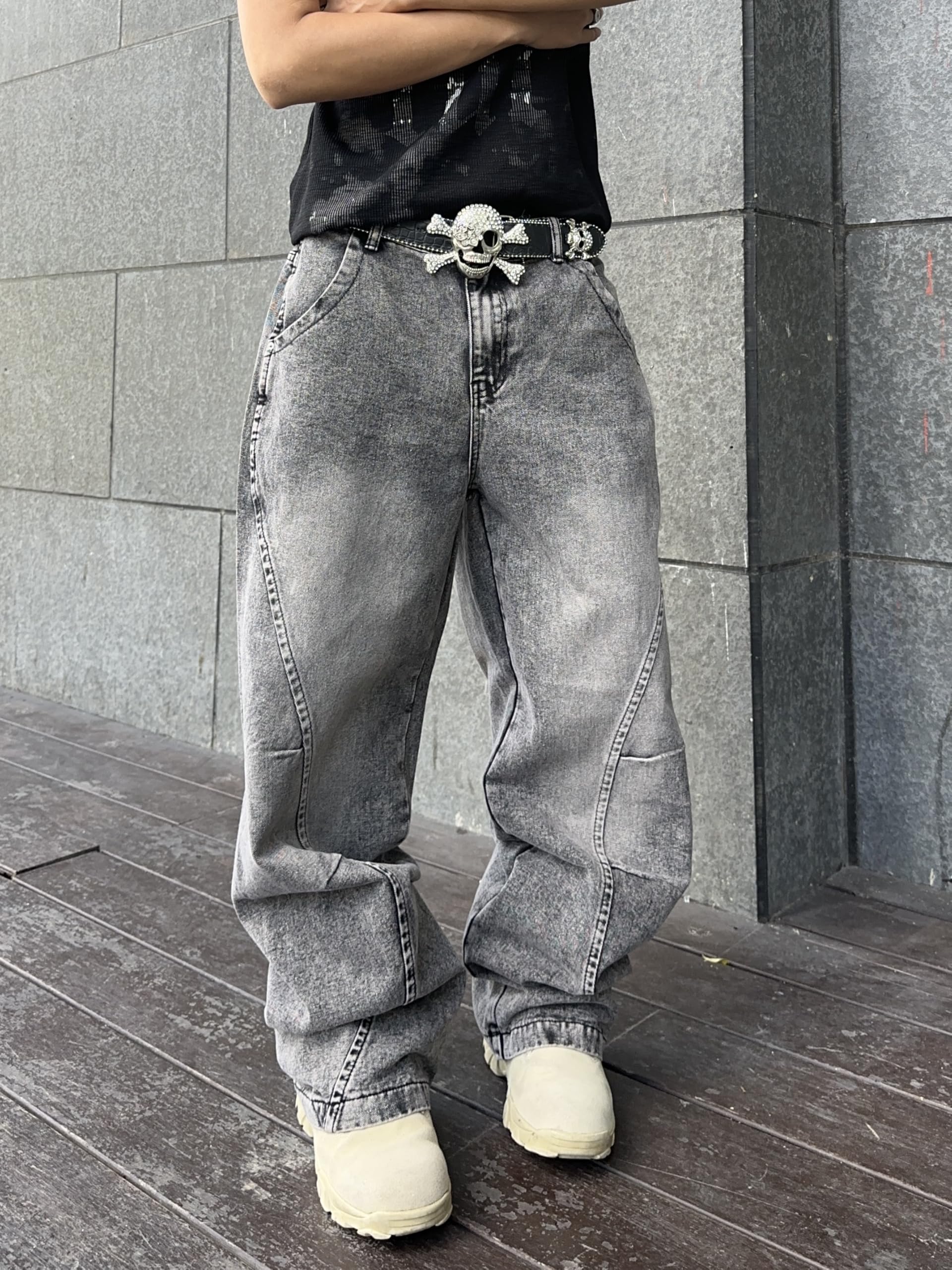 Zewool Jeans Baggy da Uomo con Cuciture Irregolari – Pantaloni in Denim Wide Leg Y2K Hip Hop Moda Casual Streetwear