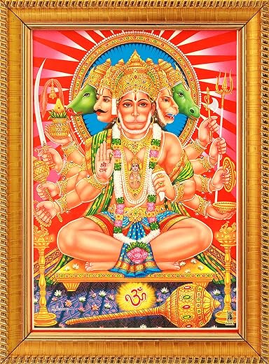 Paljji Handicrafts Wood Panchamukha Hanuman Panchamukhi Anjaneya Panchmukhi Bajrangbali Bhagwan Panch Mukhi God Photo Fram