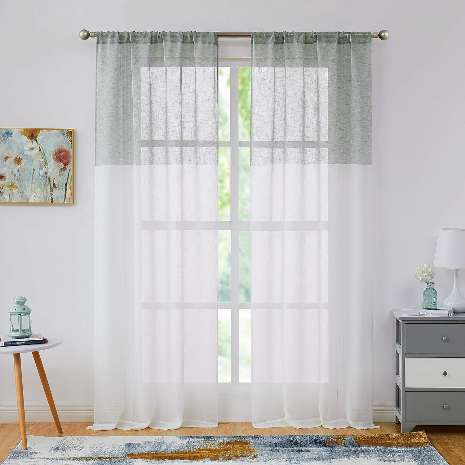 Central Park Gray and White Stripe Sheer Color Block Window Curtain Panel Linen Drape Treatment for Bedroom Living Room Farmhouse 108 inches Long with Rod Pocket,2 Panel Rustic Living Panels, Grey