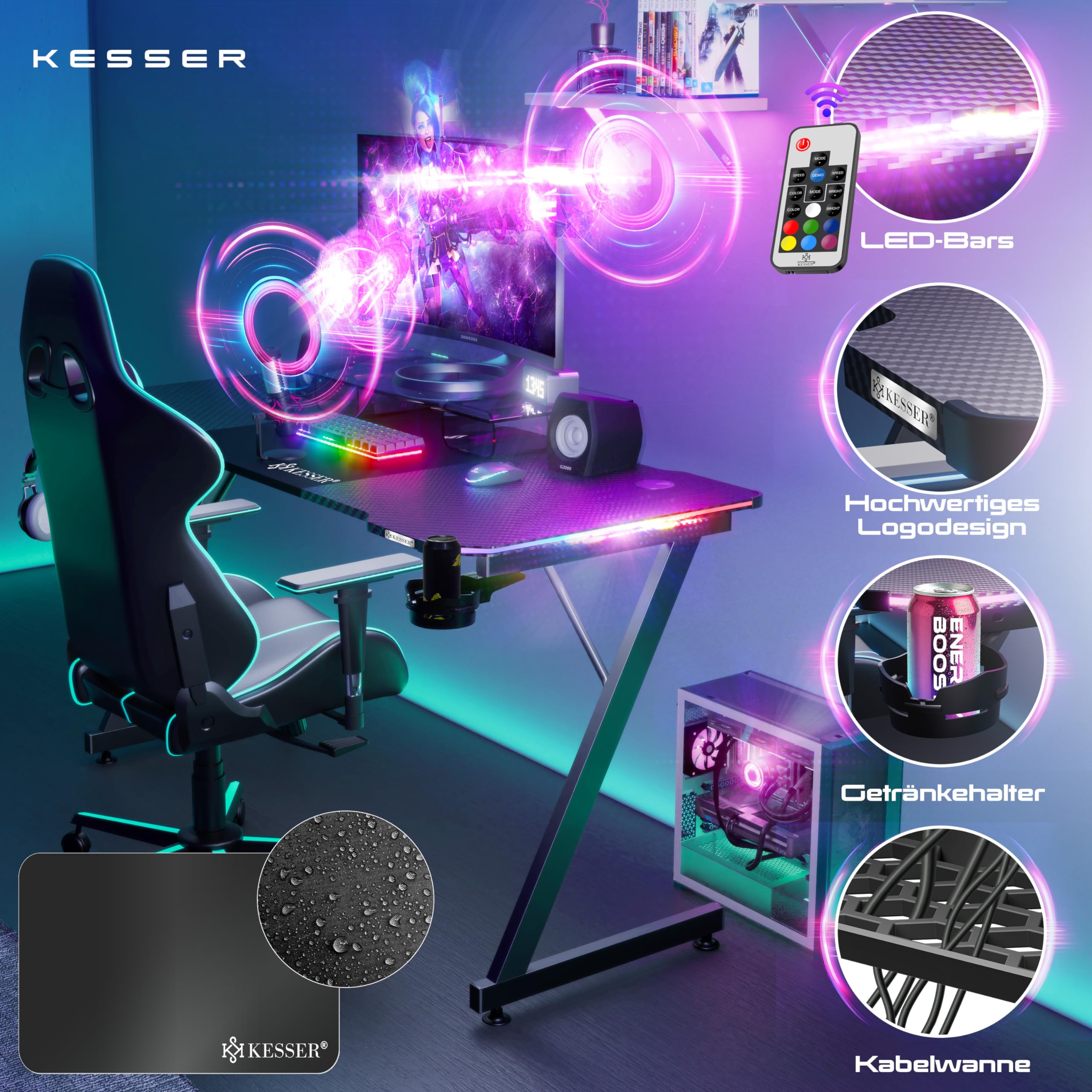 KESSER® Scrivania da Gioco LED - 180 x 80 cm, Scrivania a forma di Z, Gancio per Cuffie e Rivestimento in Carbonio, Ergonomica per PC, con Portabicchieri, Nero Carbonio