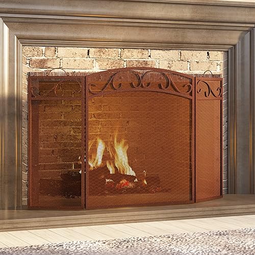 Miniatura 5 de Fire Beauty Pantalla de chimenea 3 paneles con asas de hierro forjado 51 pulgadas de largo x 31 pulgadas de alto, cubierta protectora de chispas