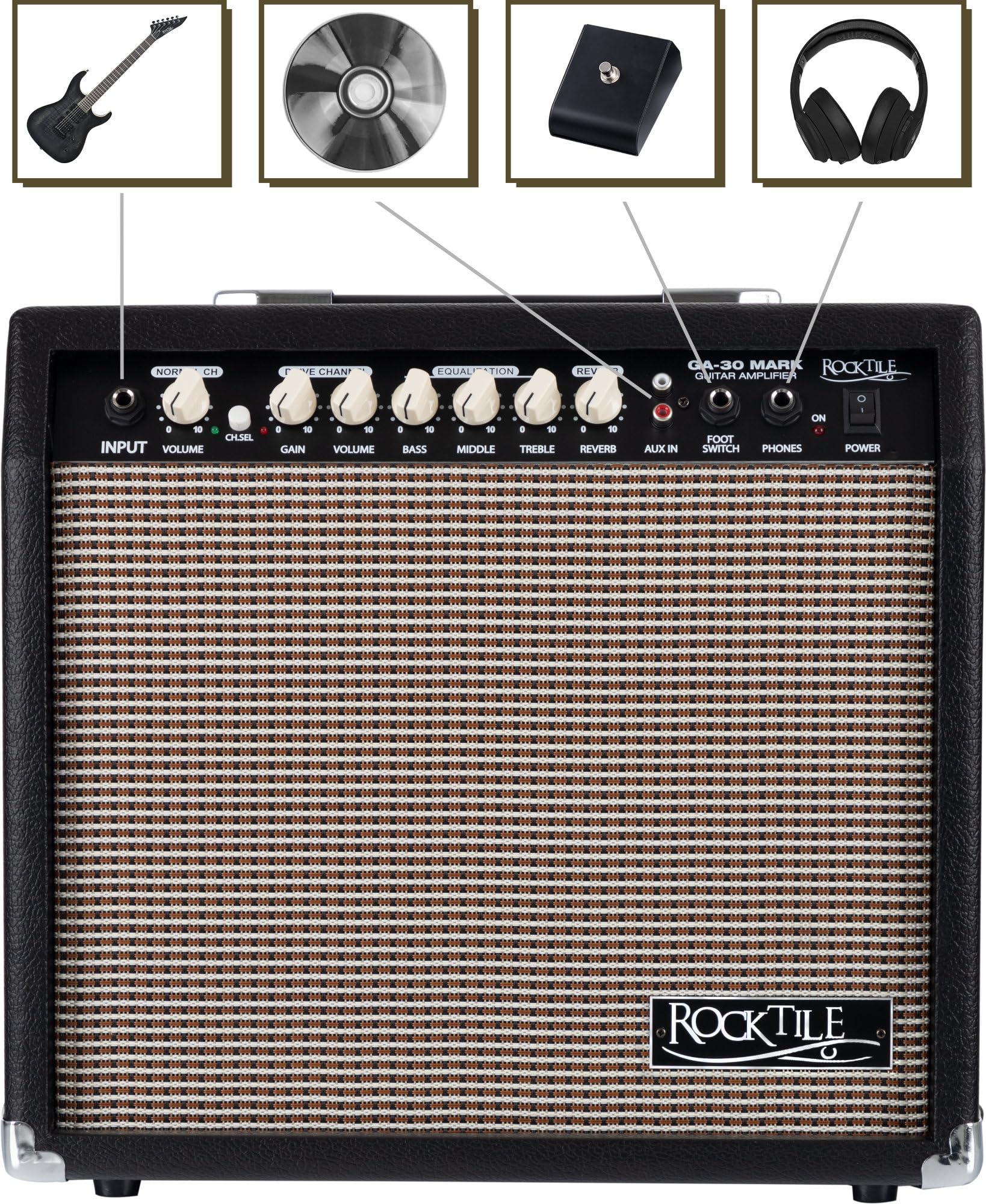 Amplificatore per Chitarra Rocktile GA-30 Mark (combo chitarra 30 watt, 2 canali (Clean/Drive), speaker 8", con effetto riverbero nero