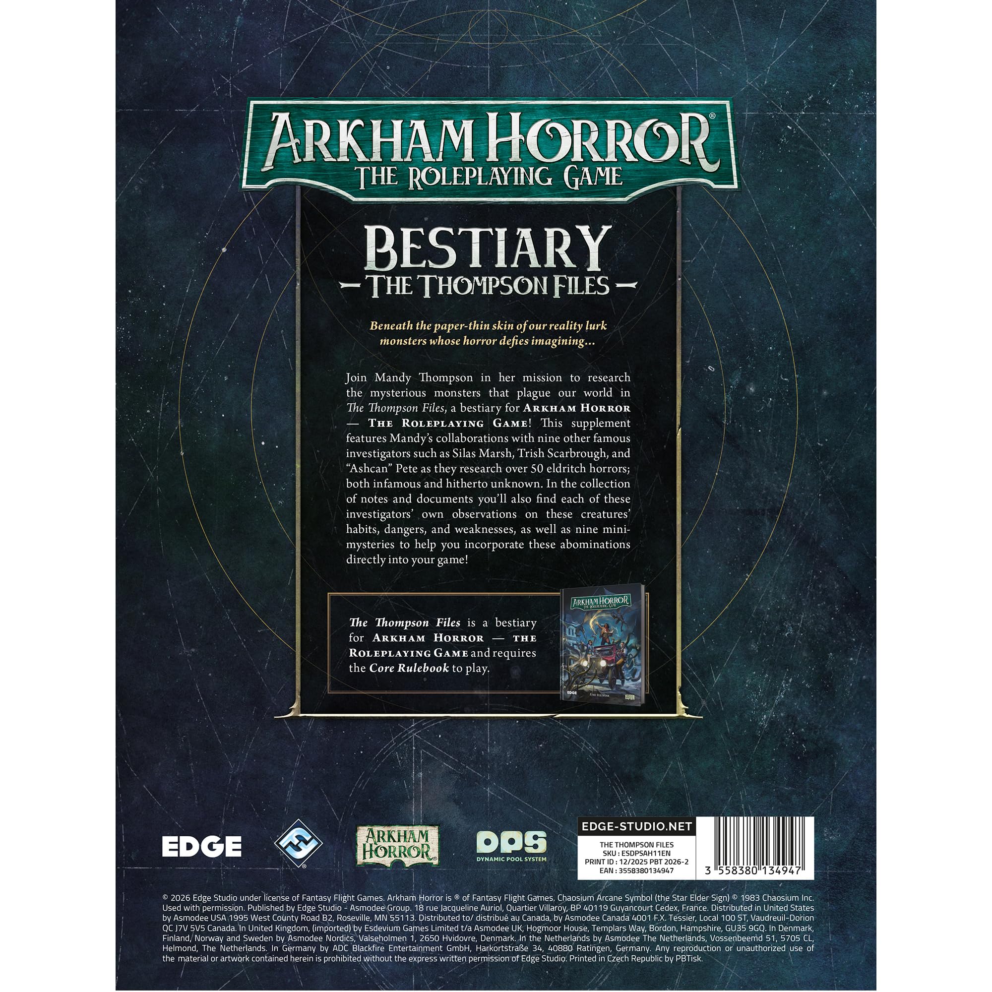 Arkham Horror The Roleplaying Game The Thompson Files - Bestiario narrativo e guida ai mostri, 96 pagine con copertina rigida per GMS e giocatori, età 14+, 2-6 giocatori, 1+ ora di riproduzione