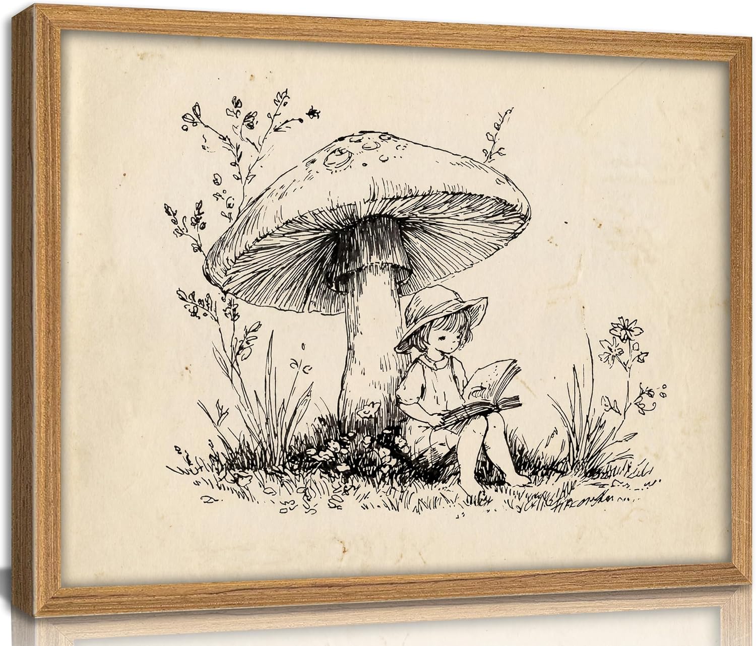Framed Vintage Whimsical Book lovers Wall Art Mushroom Girl Reading Wall Decor Cozy Storybook Sketch Painting Picture Rustic Cottagecore Nursery Prints Artwork for Kids Room Playroom Reading Corners