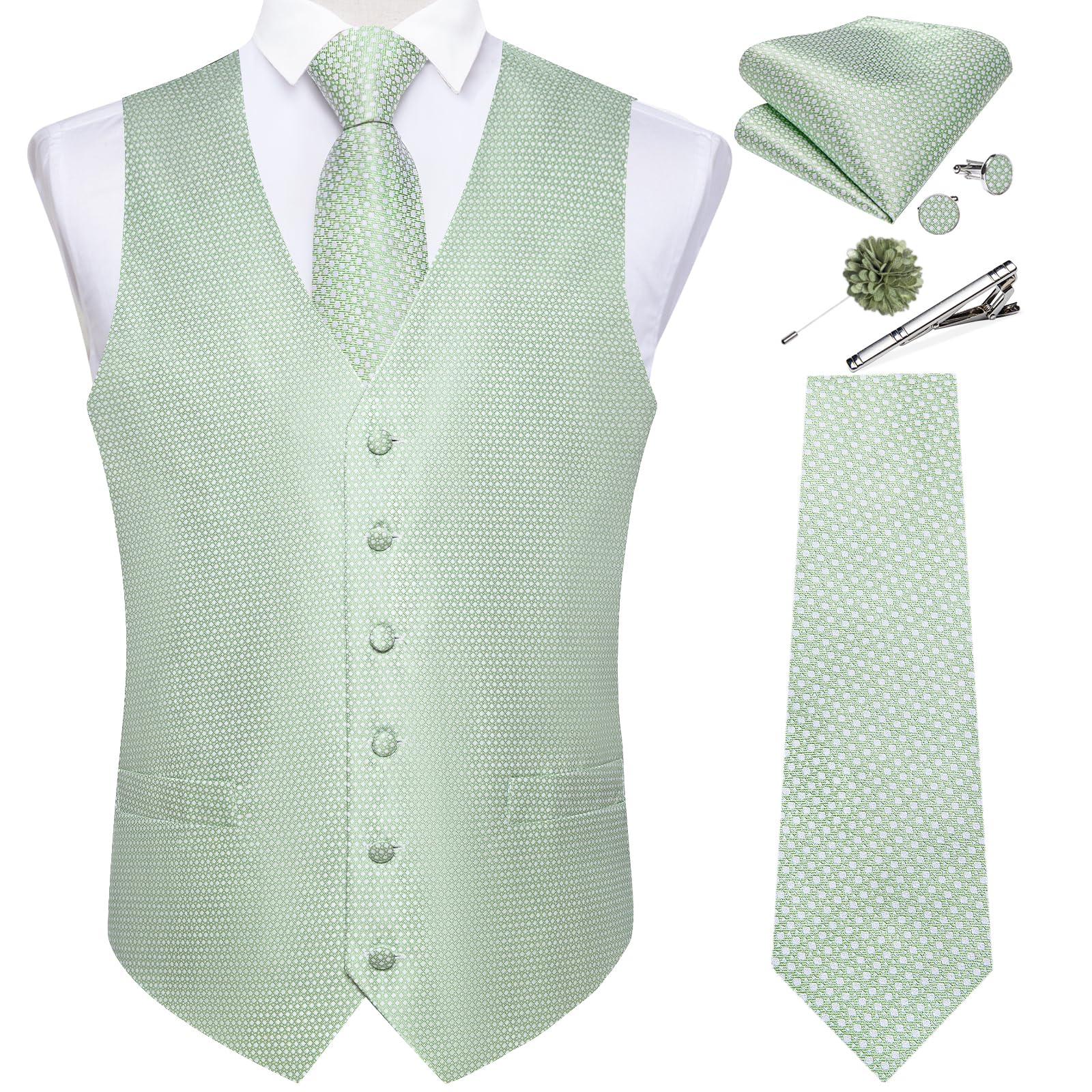 DiBanGu Herren-Weste, Paisleymuster, Jacquard-Seide, formeller Anzug, Weste, Krawatten-Set mit Einstecktuch, Anstecknadel für Smoking, Hochzeit, Party