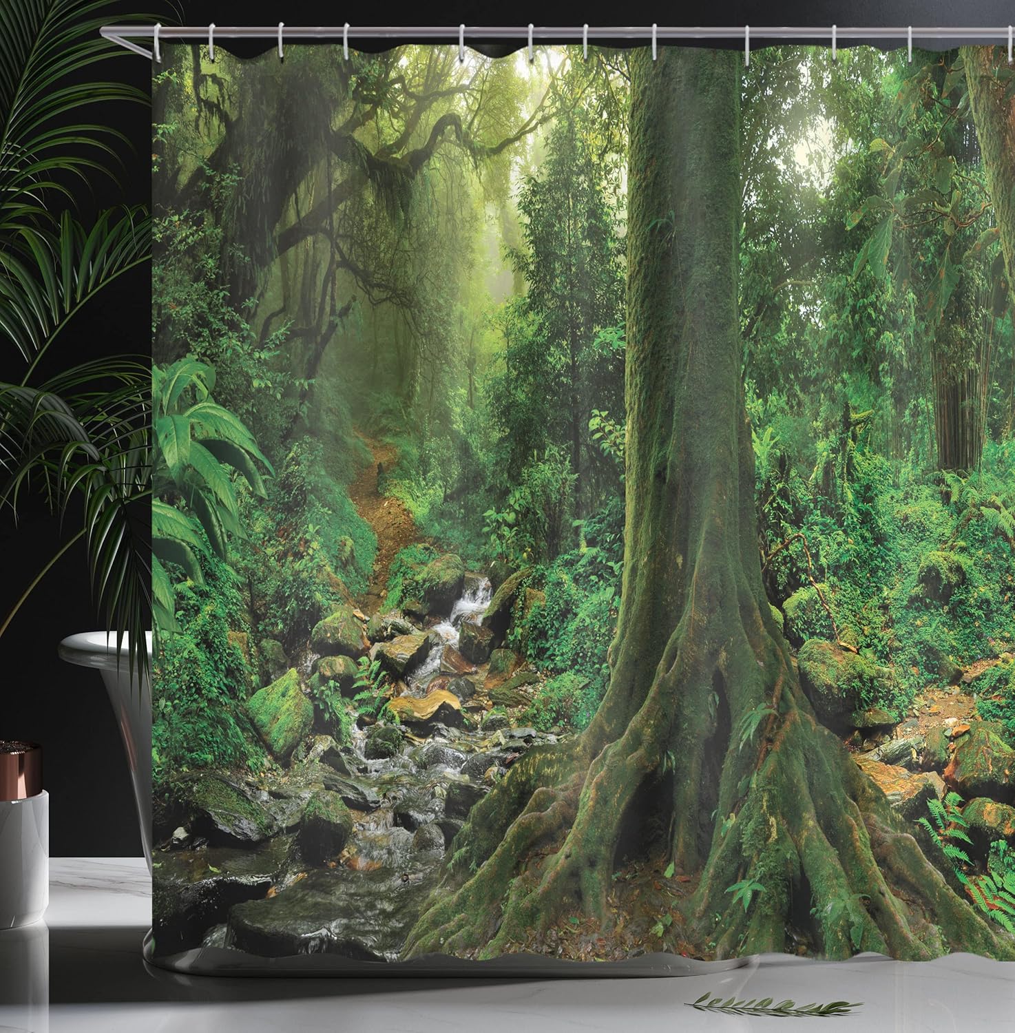 Ambesonne Forest Shower Curtain, Rain Woodland Scenery River in The North Forest in The Early Morning Humid Fog Print, Cloth Fabric Bathroom Decor Set with Hooks, 69" W x 70" L, Green