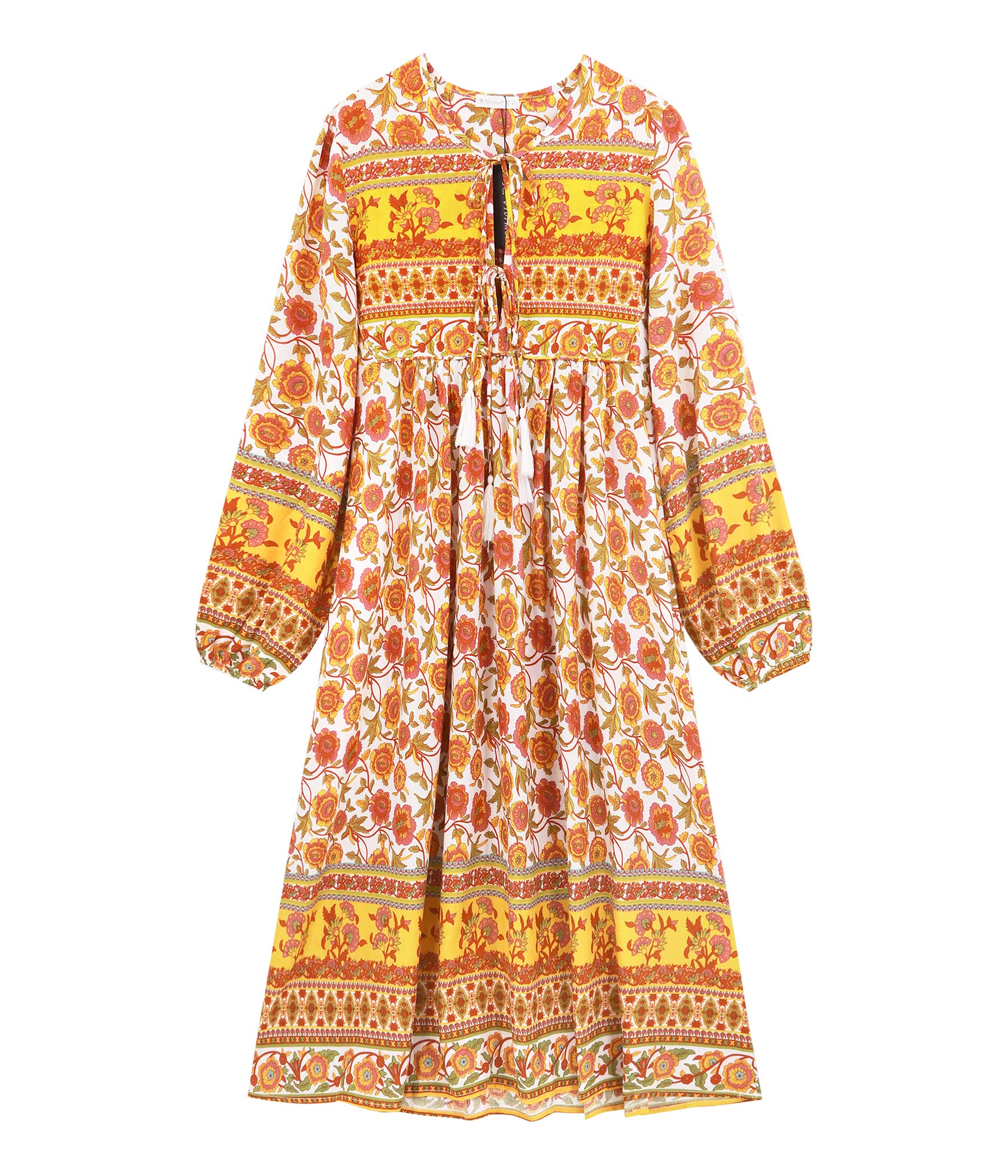 R.Vivimos Women's Long Sleeves Floral Print Retro V Neck Tassel Casual Bohemian Midi Dresses
