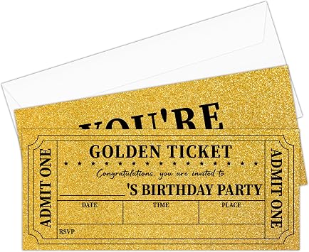 Golden Ticket Birthday Invitation, Golden Birthday Party Invitation Cards for Teens Adults, 20 Gold Ticket Invitations with Envelopes for Parties, Party Celebration Supplies-11