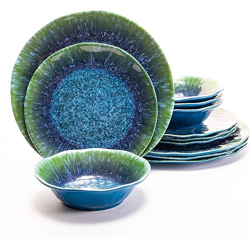 Melamine Dinnerware Set 12 PCS Teal Turquoise Tableware Plates Bowls Blue Green Dishwasher Safe Not Microware Not Oven