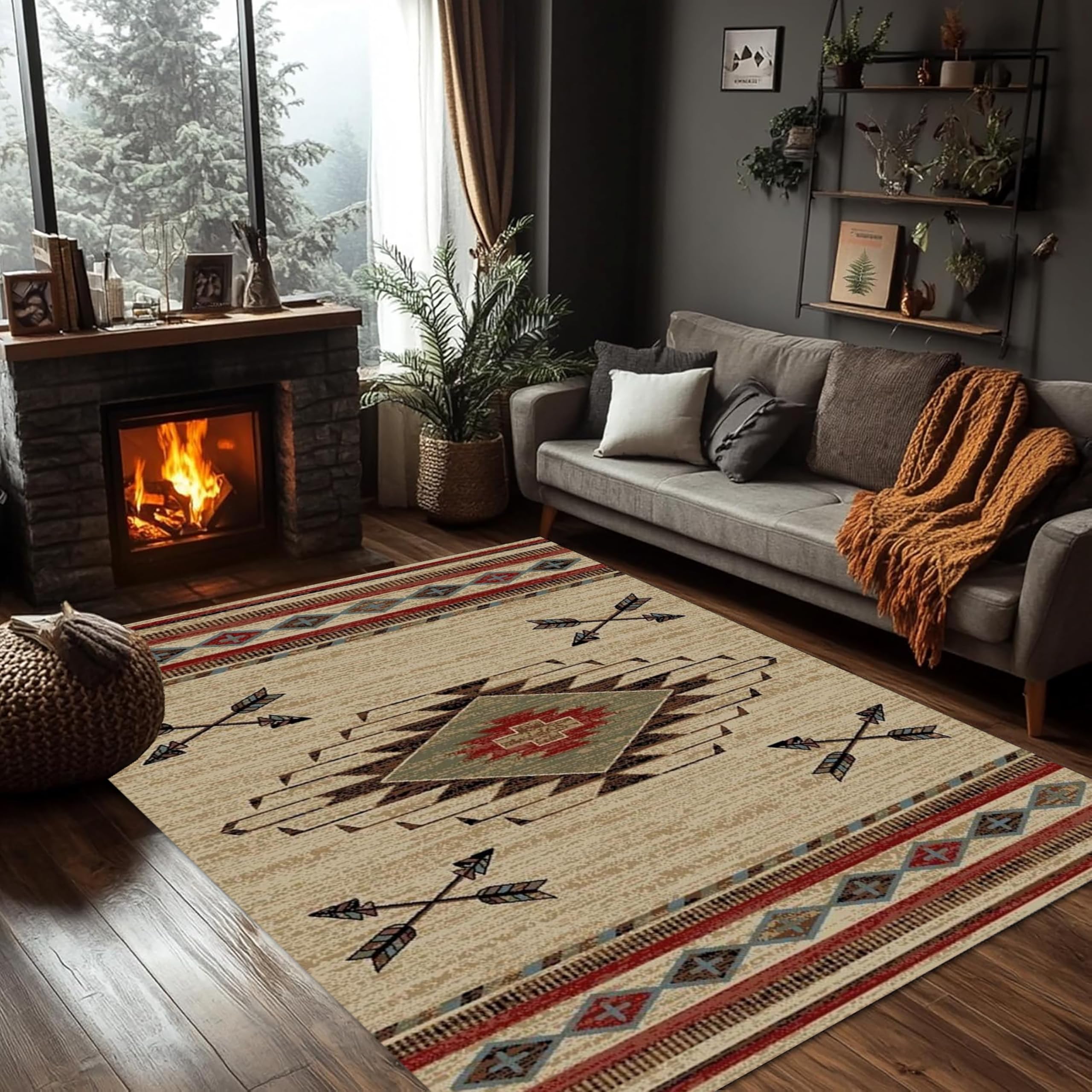 PDENZG Rustic Cabin Area Rug，180x260cm,Southwest Country Carpet，Soft Non-Slip Machine Washable Western Area Rugs，Native American Indian Tribal Aztec Rug，for Living Room, Bedroom Office Study