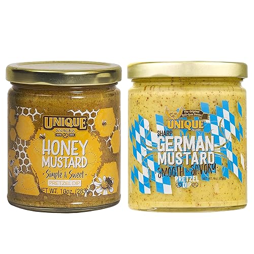 Unique Snacks Salsa de inmersión, paquete variado de 2 tarros de salsa especial, 1 mostaza alemana y 1 mostaza de miel, sin OMG