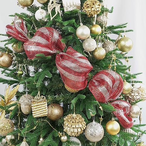 Miniatura 3 de HUIHUANG Cinta de malla decorativa roja plateada de 10 pulgadas de ancho con rayas rojas metálicas y plateadas para árbol, suministros de